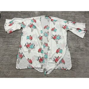 Peach Love California Duster Womens Medium Floral 3/4‎ Sleeve Open Front Long